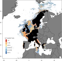Figure 2.  Mean annual trawling intensity at the sea surface at a scale of 1x1 minutes latitude and longitude. Results are based on satellite (VMS) recordings of fishing activities and logbook data for the period 2010-2012 from countries indicated in black