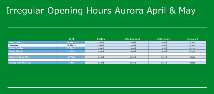 Irregular opening hours Aurora April (until 5 May 2024)